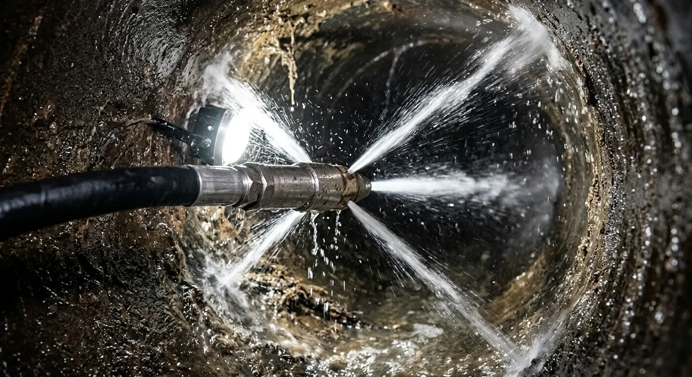High-pressure hydro jetting nozzle cleaning sewer pipe for Emergency Drain Service in Bedminster