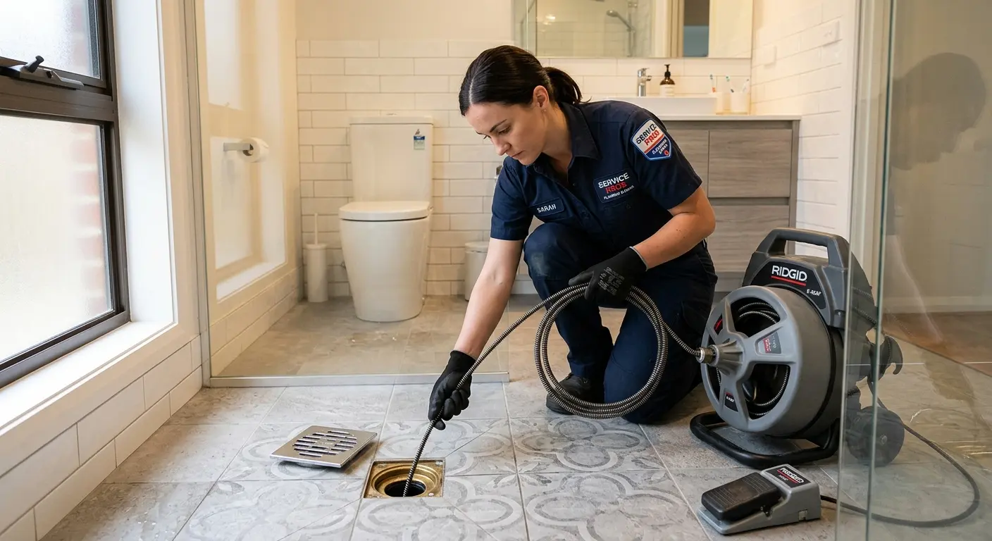 Technician clearing a bathroom floor drain for Clogged Drain Repair in Bedminster